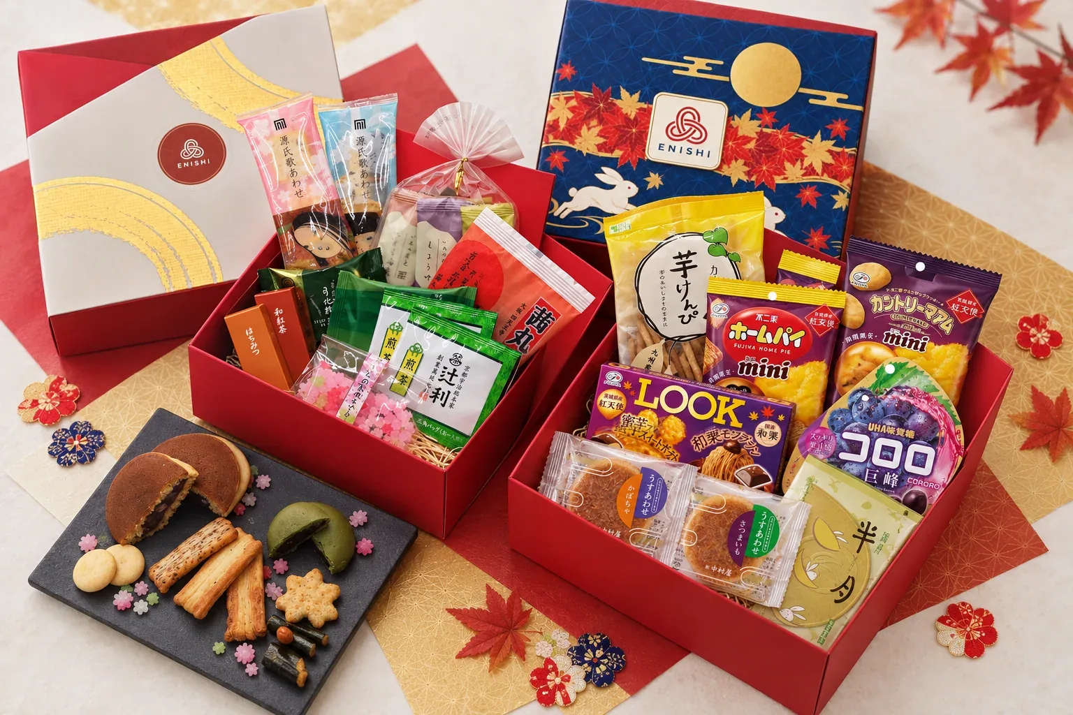 Two open red ENISHI boxes full of Japanese sweets and autumn snacks, the two closed boxes standing behind them, and a plate of sweets in front.
