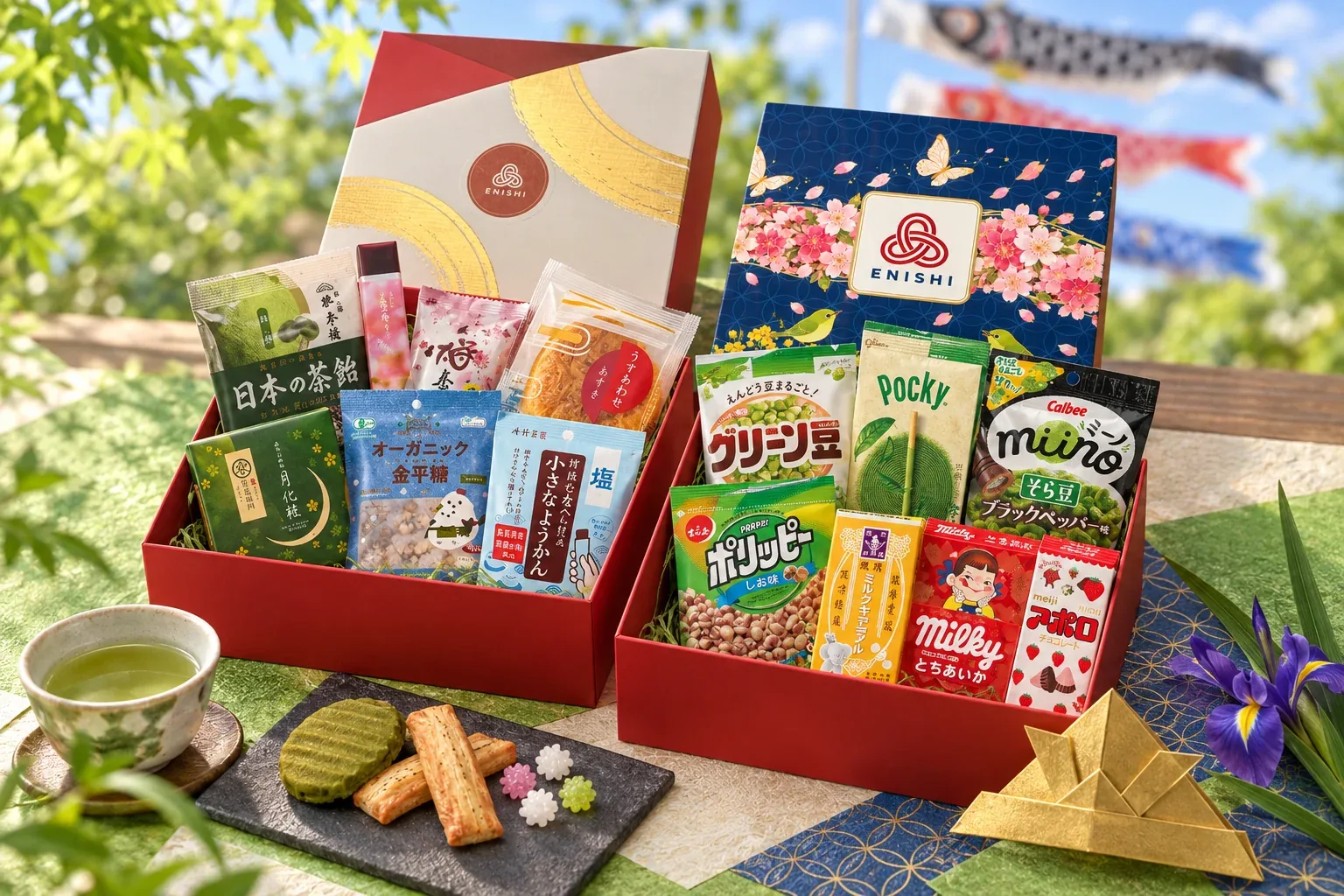 Example May delivery: two open boxes of Japanese sweets and snacks on a blue cloth, with carp streamers and a folded samurai helmet for Children’s Day (photo composite of real products).