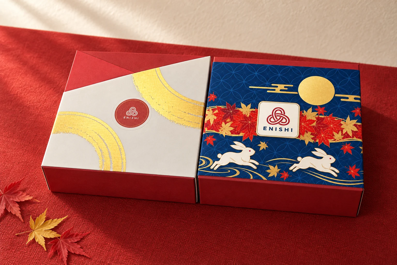 Our two ENISHI boxes, closed, side by side: the ivory box with gold arcs and a red ENISHI seal, and a box wrapped in this autumn’s navy paper band with maple leaves, a gold moon and white rabbits (illustration based on our real boxes).